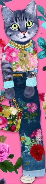Cat bookmarks featuring a cat in a floral shirt with casual jeans style